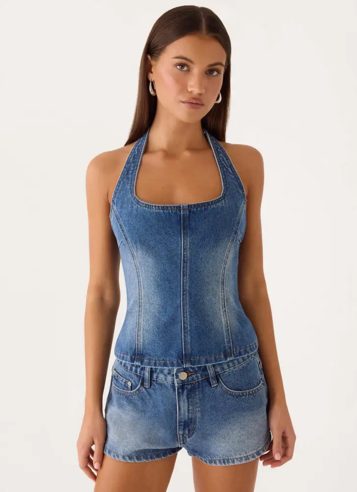 Eliah Denim Halter Top - Blue - Denim Tops