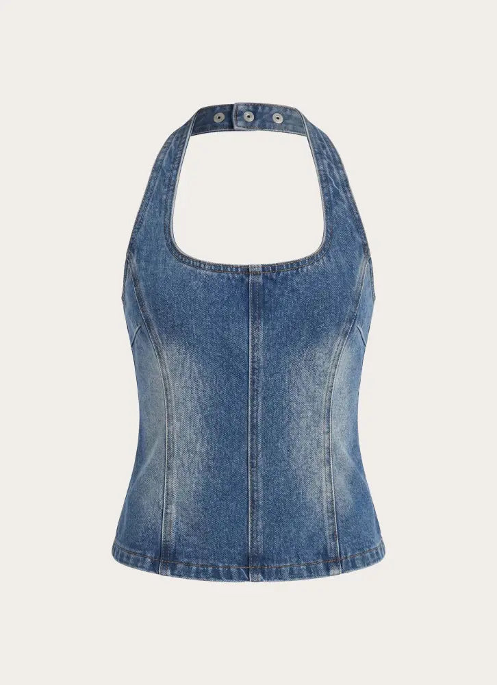 Eliah Denim Halter Top - Blue - Denim Tops