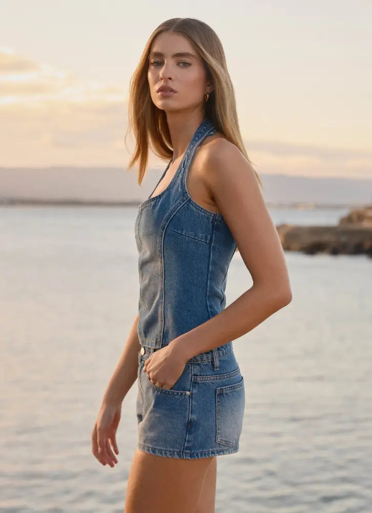 Eliah Denim Halter Top - Blue - Denim Tops