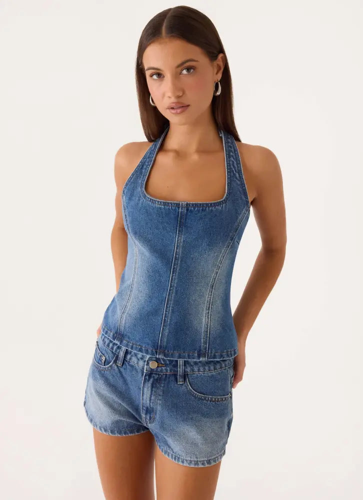 Eliah Denim Halter Top - Blue - Denim Tops