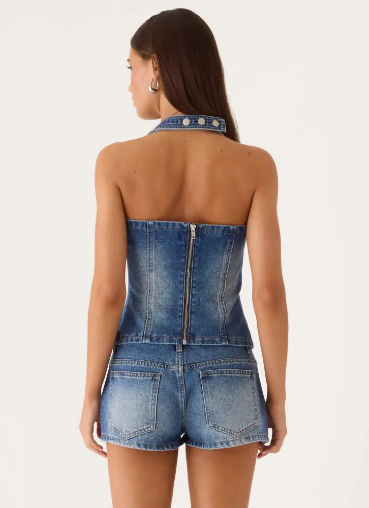 Eliah Denim Halter Top - Blue - Denim Tops
