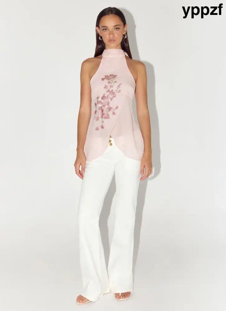 Flip It Embellished Top - Baby Pink - Halter Tops